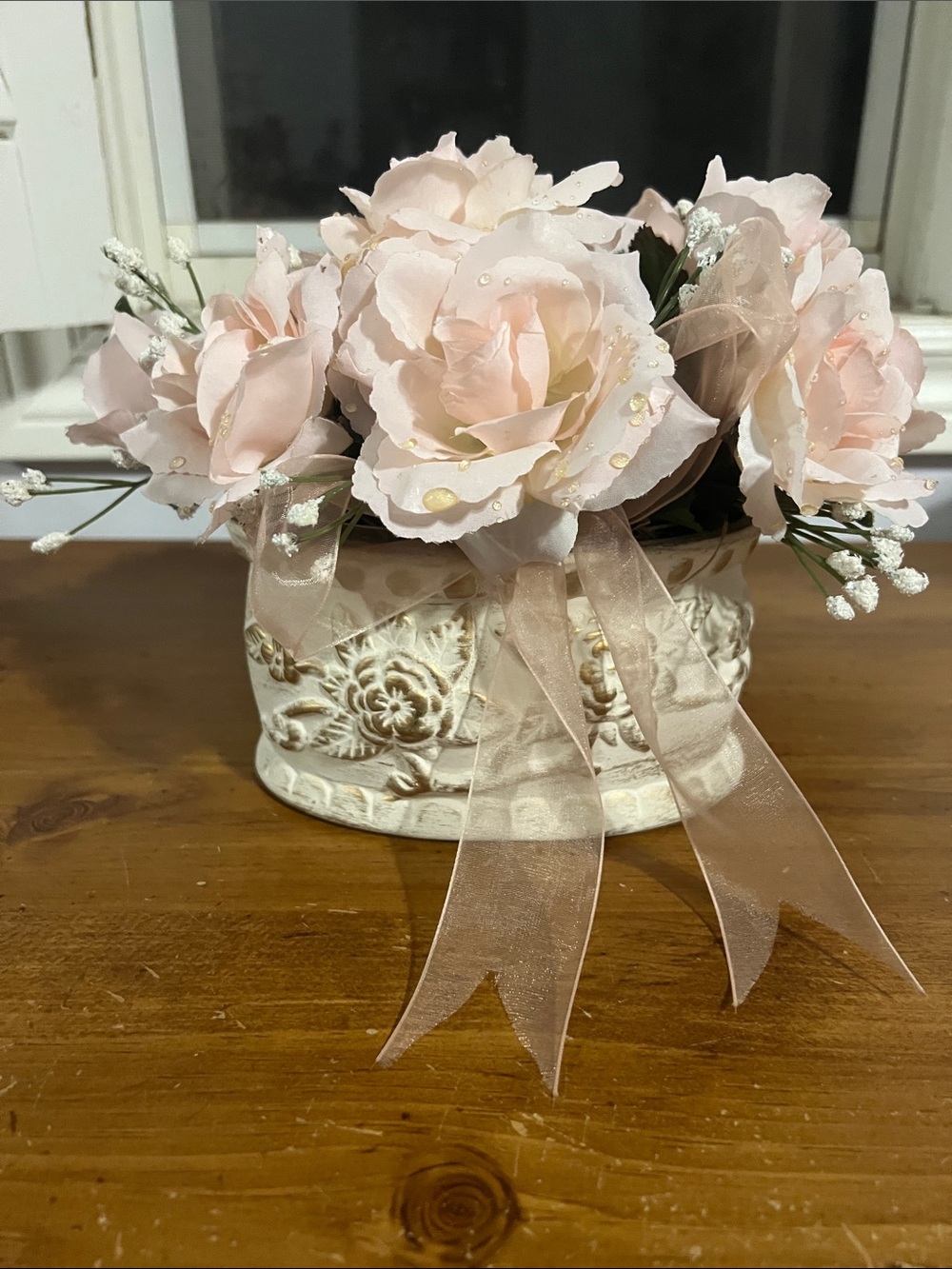 Vintage Style Faux Champagne Pink Garden Rose Floral Arrangement